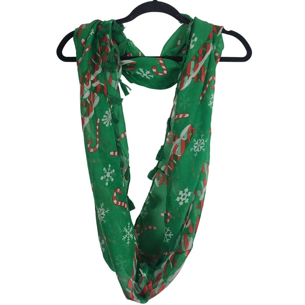 Womens Infinity Scarf Green Candy Cane Snowflake Sheer‎ 34x21 In Holiday